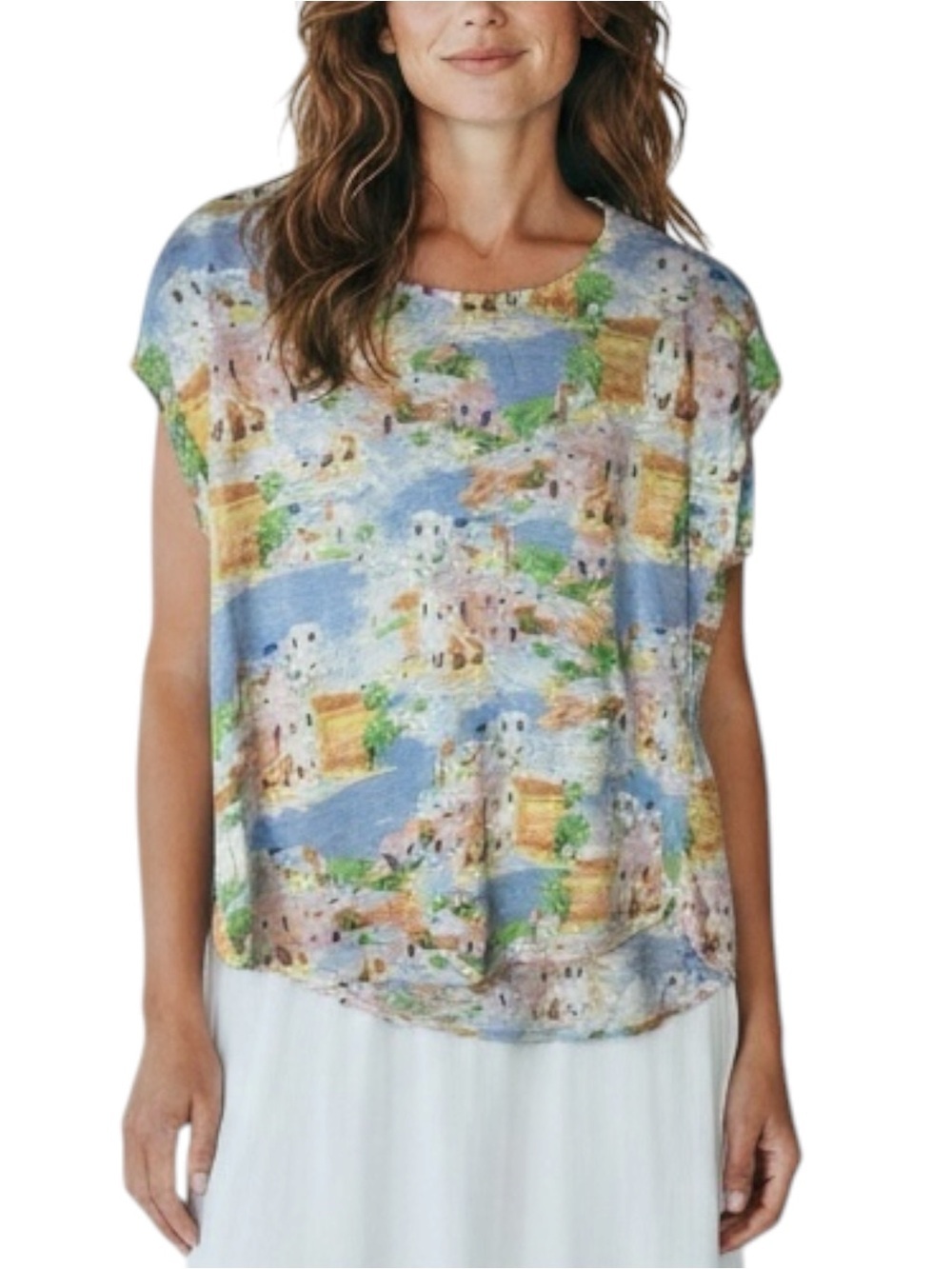 CYNTHIA ROWLEY 100% Linen Slub Greek Island Print Knit Top in Pastels Size MED